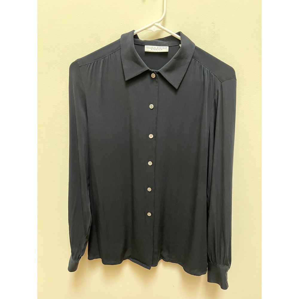 Valerie Stevens Blouse Women Black S Silk Stretch Vintage Long Sleeve Button Up